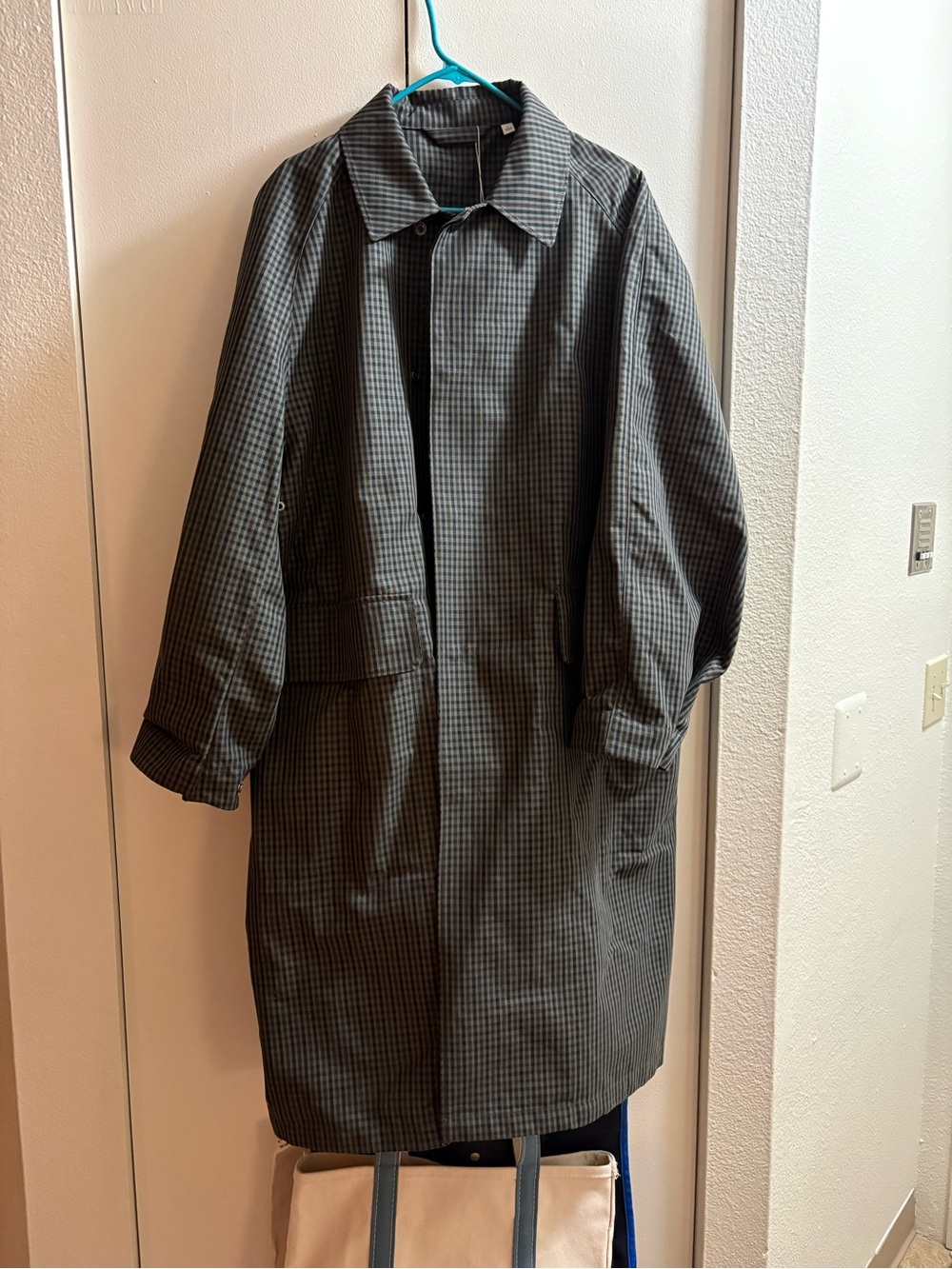 Women’s gray single breasted trench in navy and brown check